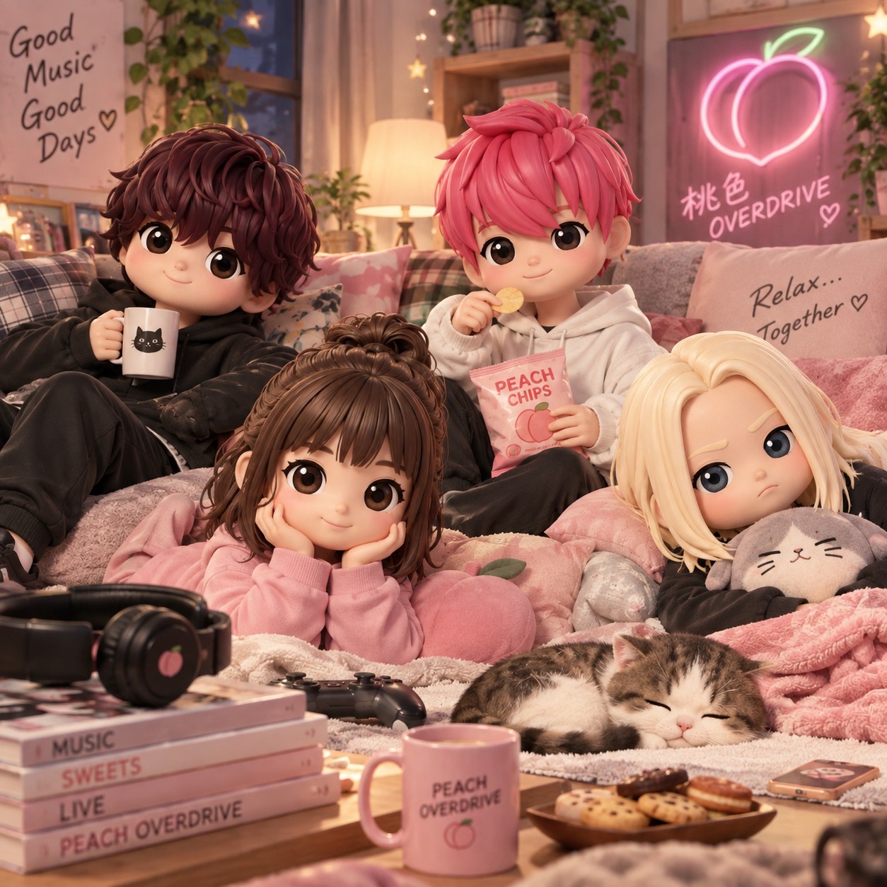Members of 桃色OVERDRIVE relaxing together in a warmly lit room